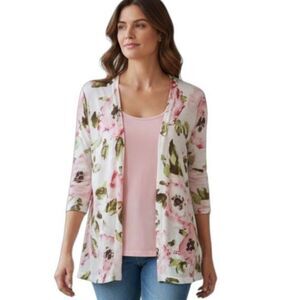 JONES NEW YORK PINK TANK ATTACHED PINK FLORAL CARDIGAN SZ.SP EUC.